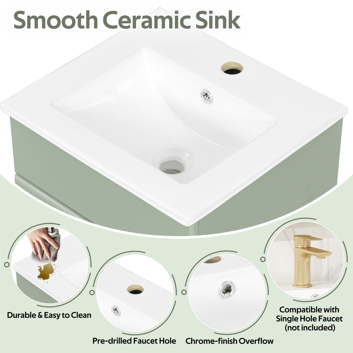 Bathroom Vanity with Sink, white ceramic top, green cabinet, adjustable shelf, multiple colors on Tampa Home & Garden Store