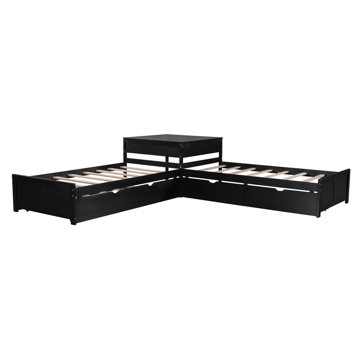 L-shaped black platform bed with built-in desk, drawers, and trundle on Tampa Home & Garden Store