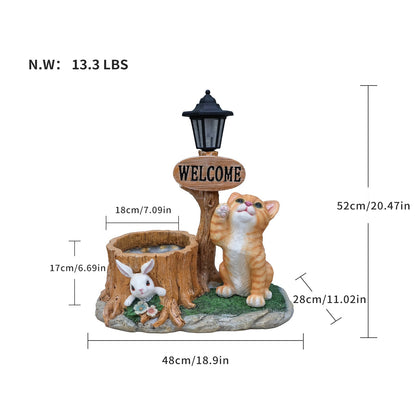 HouseOfZazla Cute Cat Planter Statue Garden Decor with orange cat, bunny and Welcome sign on Tampa Home & Garden Store