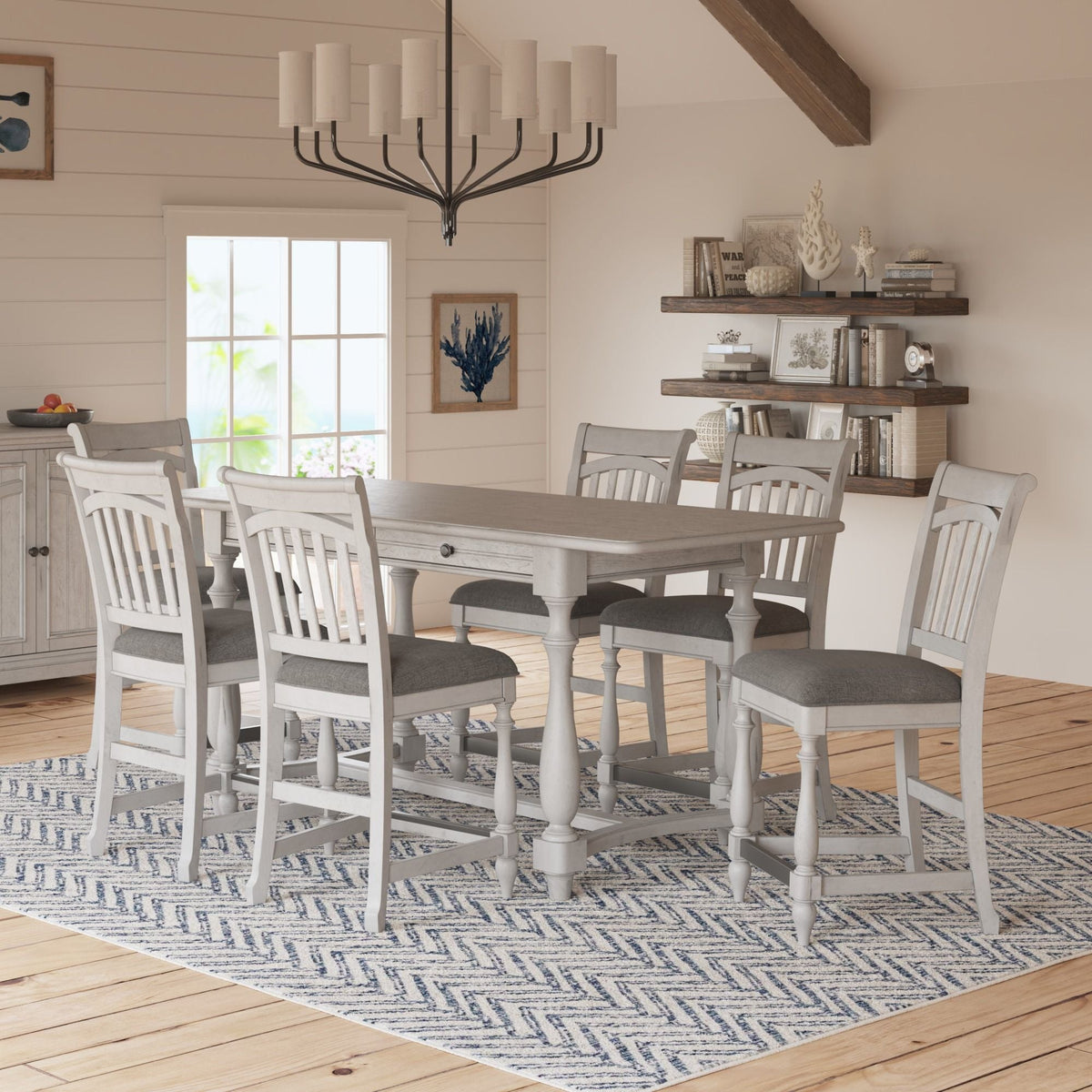 Gray solid wood gathering-height bar table with roomy surface and 6 chairs on Tampa Home & Garden Store