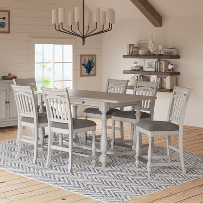 Gray solid wood gathering-height bar table with roomy surface and 6 chairs on Tampa Home & Garden Store