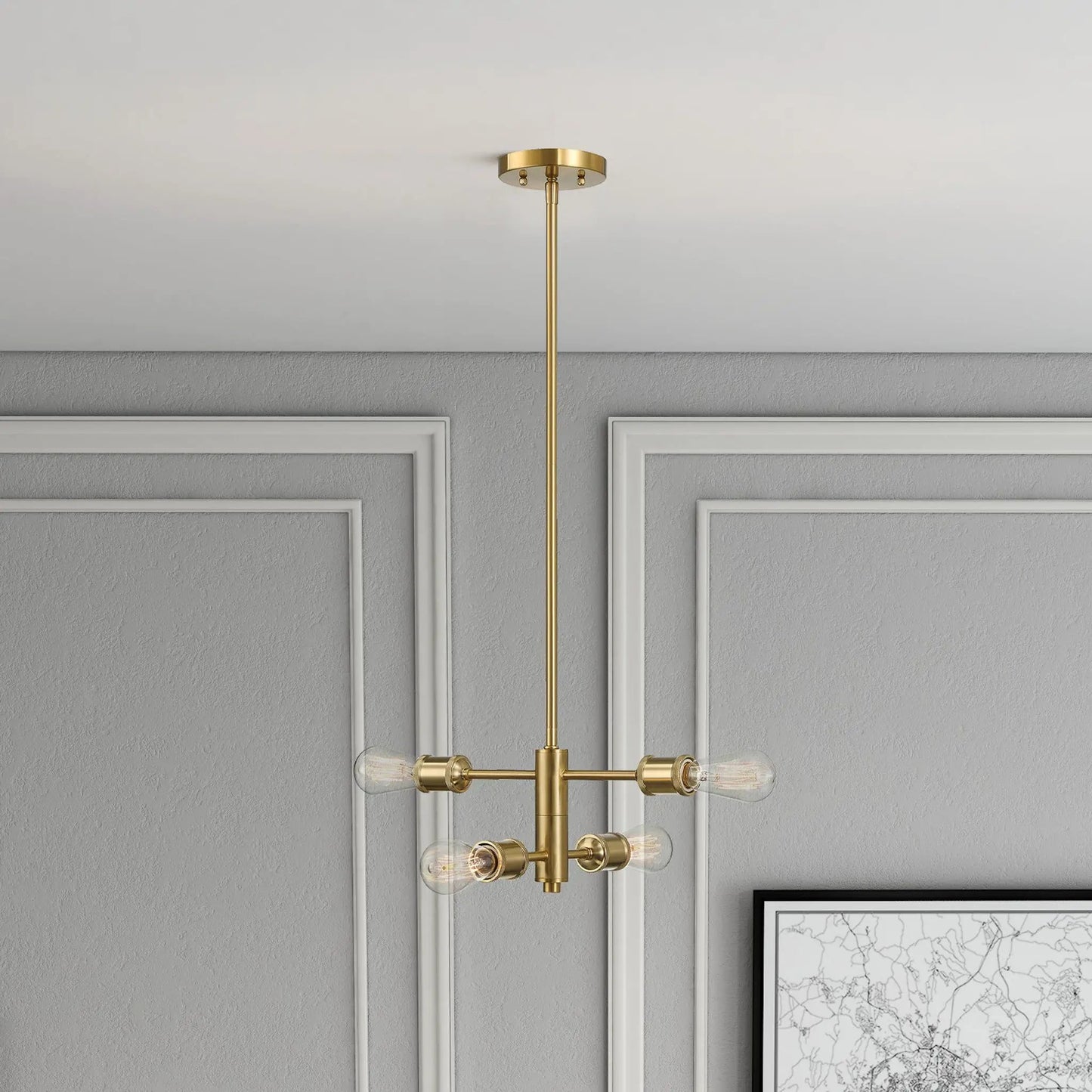 Trellis 4-light modern gold chandelier with clear glass bulbs and brass finish on Tampa Home & Garden Store