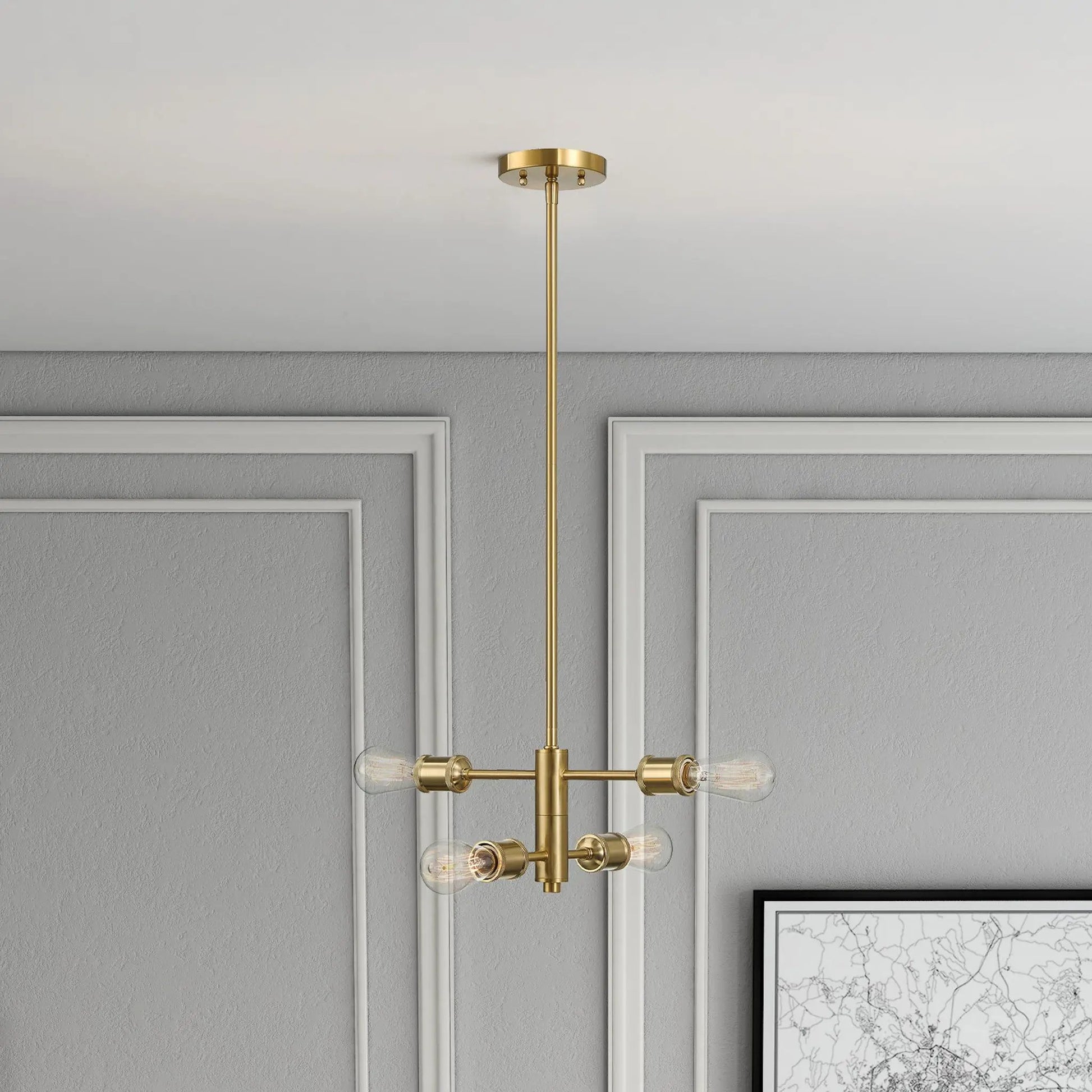 Trellis 4-light modern gold chandelier with clear glass bulbs and brass finish on Tampa Home & Garden Store