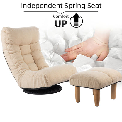 HouseOfZazla adjustable reclining floor chair and ottoman in beige plush fabric with wood legs on Tampa Home & Garden Store