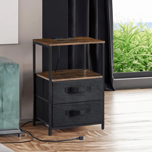 Tea table with charging station and USB port, dark wood top, black metal frame on Tampa Home & Garden Store