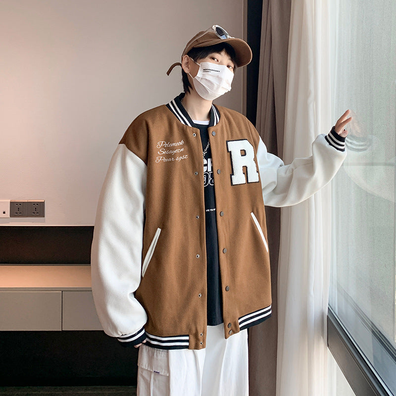Stevvex bomber jacket two-tone brown and white with R applique, snap, closure, striped cuffs on Tampa Home & Garden Store