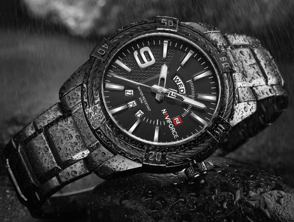 Men's luxury stainless steel waterproof watch by Stevvex with day and date display on Tampa Home & Garden Store