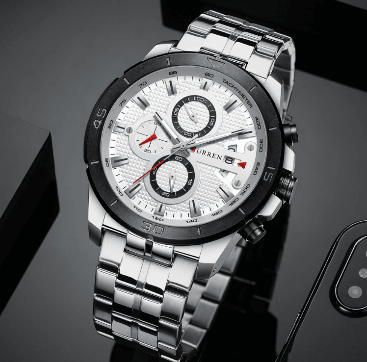 Men's Stevvex stainless steel chronograph watch with black bezel and date window on Tampa Home & Garden Store