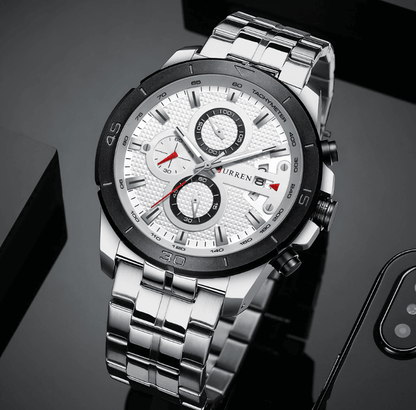 Men's Stevvex stainless steel chronograph watch with black bezel and date window on Tampa Home & Garden Store