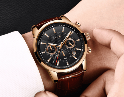 Stevvex men's waterproof wristwatch with chronograph, black dial, rose-gold case, brown strap on Tampa Home & Garden Store