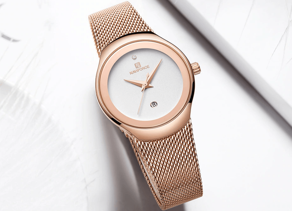 Stevvex women's rose gold stainless steel watch with braided mesh bracelet, waterproof on Tampa Home & Garden Store