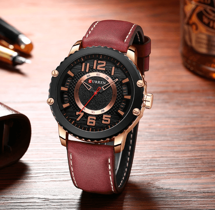 Men's waterproof sport watch with burgundy leather strap and rose-gold case Curren on Tampa Home & Garden Store