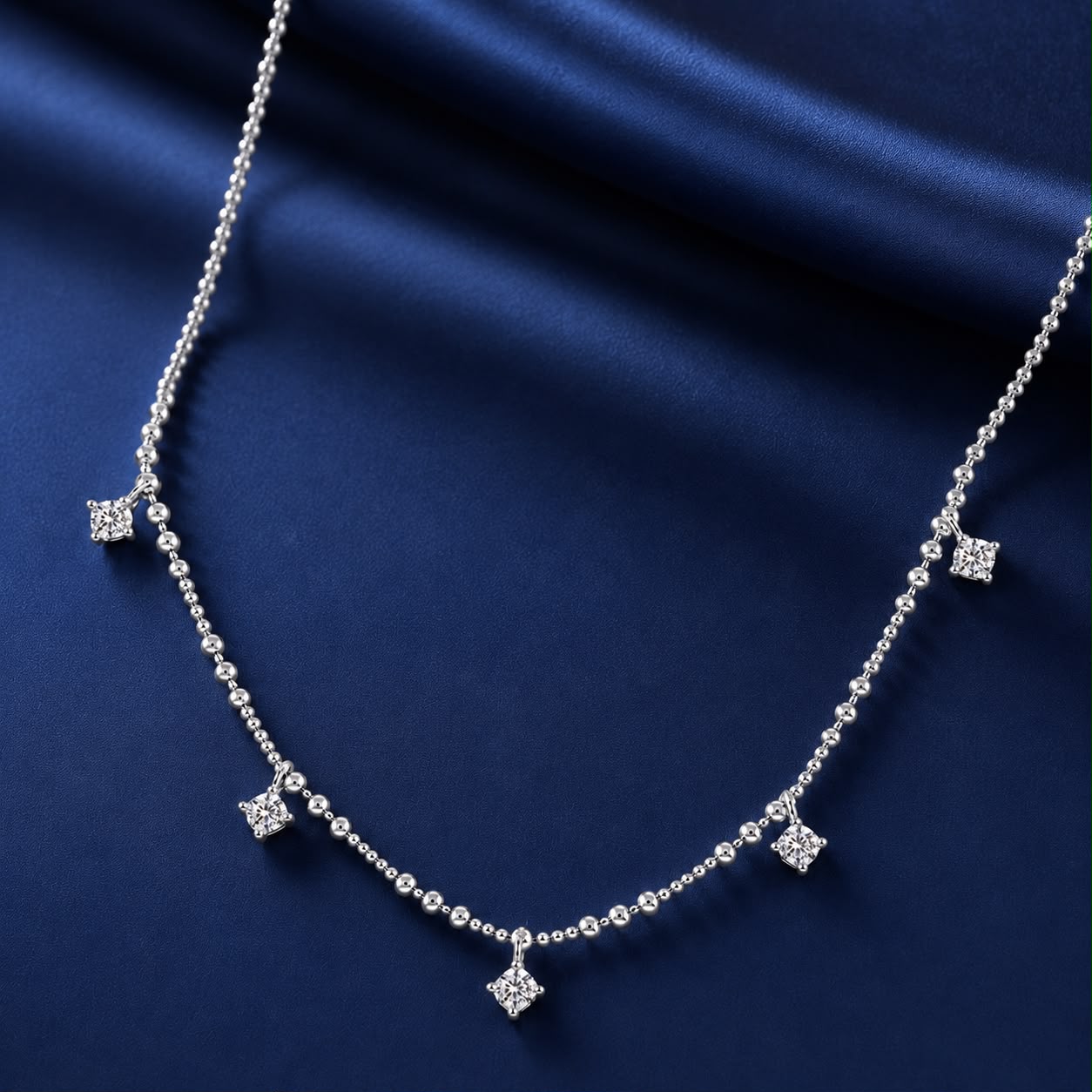 Sterling silver 0.10ct moissanite necklace with square-cut stones on a beaded chain on Tampa Home & Garden Store