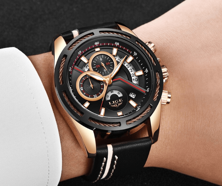 Men's Stevvex waterproof sports watch with black leather strap and rose-gold case, chronograph on Tampa Home & Garden Store