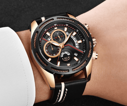 Men's Stevvex waterproof sports watch with black leather strap and rose-gold case, chronograph on Tampa Home & Garden Store