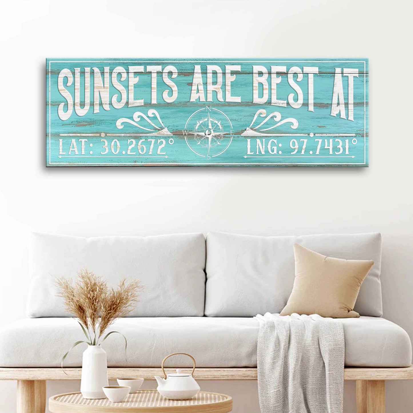Canvas sign Sunsets Are Best At Coordinates Sign III Tailored Canvases teal plank with compass on Tampa Home & Garden Store
