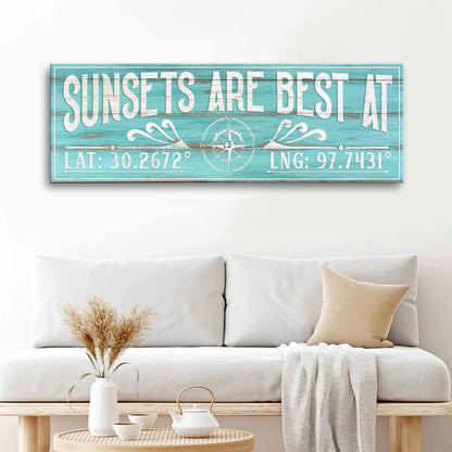 Canvas sign Sunsets Are Best At Coordinates Sign III Tailored Canvases teal plank with compass on Tampa Home & Garden Store