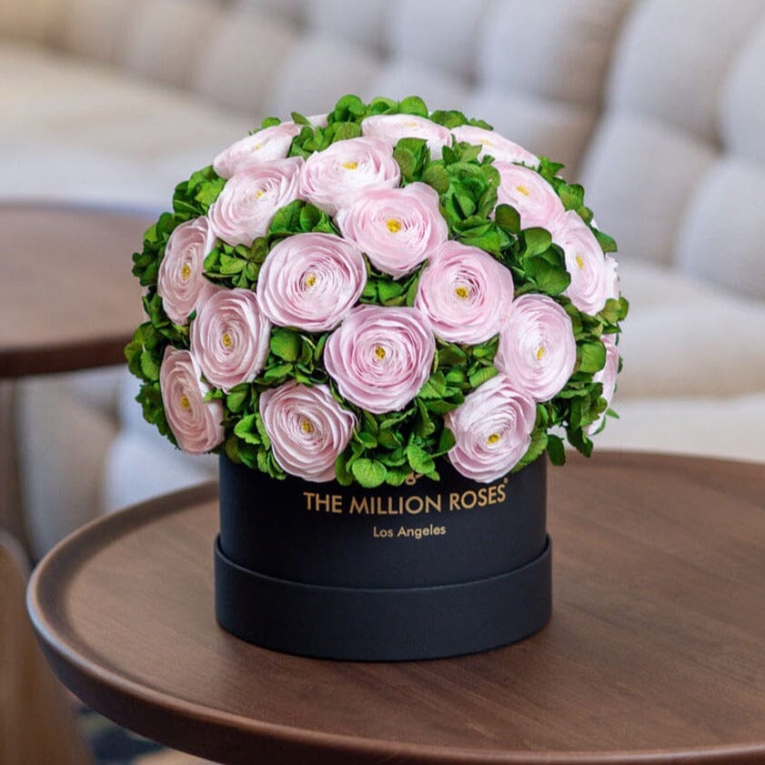 Classic Black Box bouquet with light pink buttercups and hydrangeas by The Million Roses on Tampa Home & Garden Store