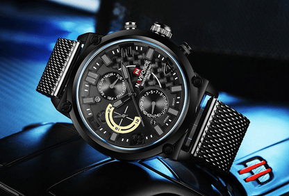 Men's quartz watch with black dial and stainless steel mesh band Stevvex waterproof on Tampa Home & Garden Store