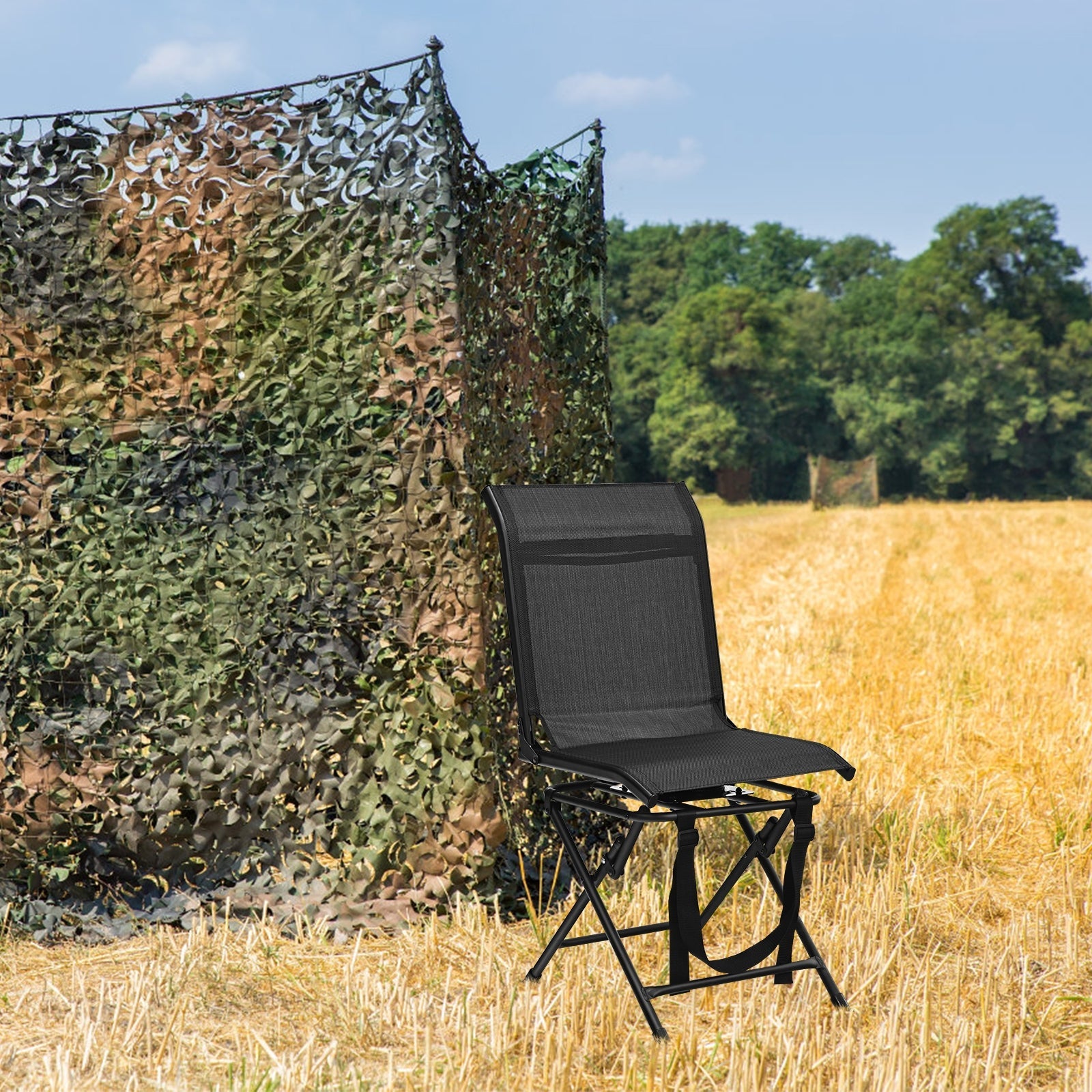 GemGear all-weather foldable 360° swivel chair with iron frame, black mesh seat in field on Tampa Home & Garden Store