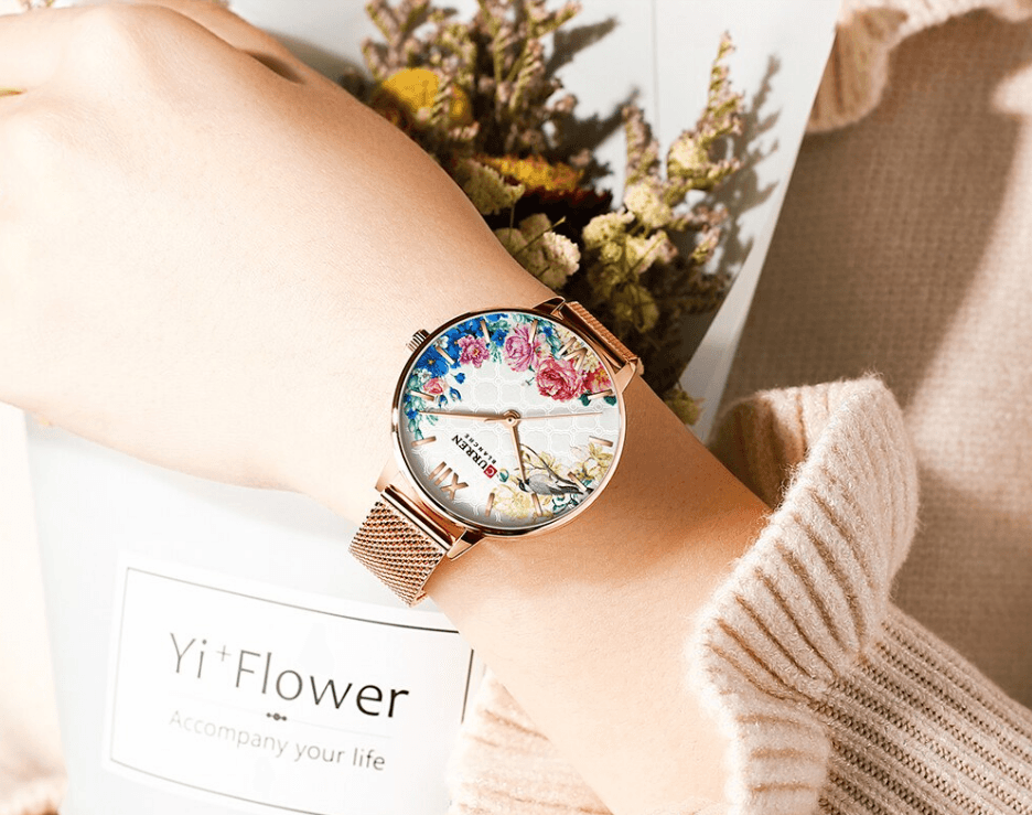 Stevvex rose-gold women's watch with decoupage floral dial and large Roman numerals, mesh band on Tampa Home & Garden Store