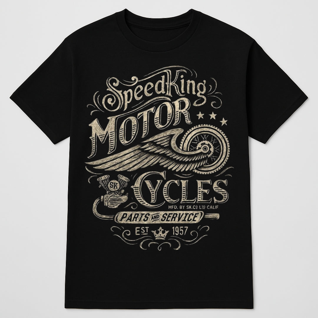 Biker Designed T-shirt black with vintage SpeedKing Motor Cycles graphic by BikerZoneZ on Tampa Home & Garden Store