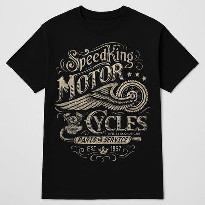 Biker Designed T-shirt black with vintage SpeedKing Motor Cycles graphic by BikerZoneZ on Tampa Home & Garden Store