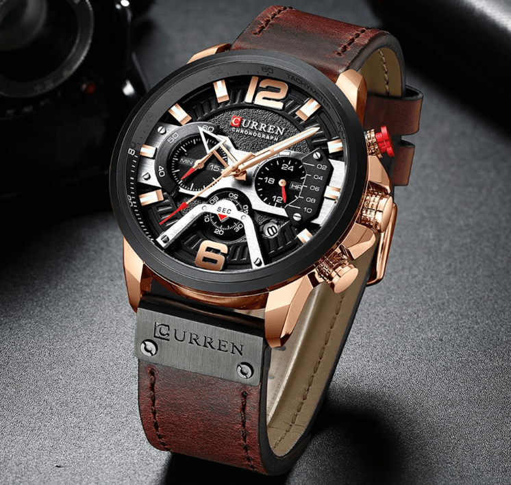 Curren men's sports chronograph watch with rose-gold case, black dial and brown leather strap on Tampa Home & Garden Store