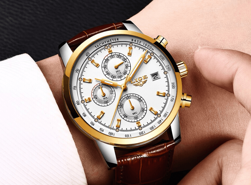 Men's Stevvex waterproof chronograph watch with white dial, gold case and brown leather strap on Tampa Home & Garden Store
