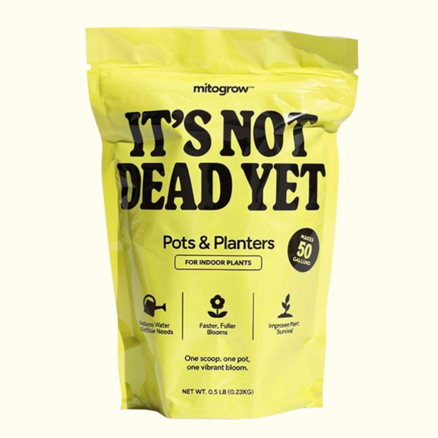 MitoGrow Pots and Planters yellow bag with ITS NOT DEAD YET fertilizer text for indoor plants on Tampa Home & Garden Store