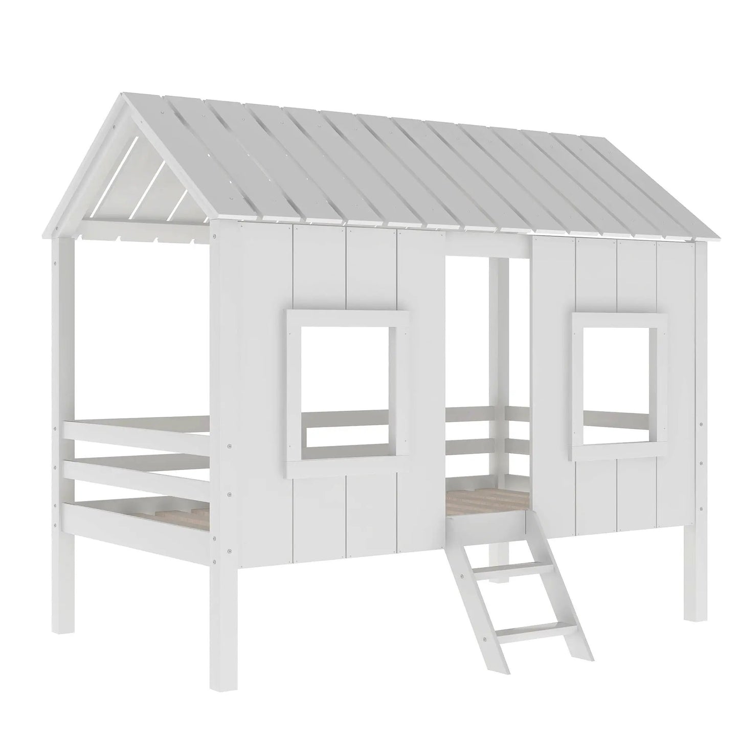 Twin Size Low Loft House Bed with Roof Windows