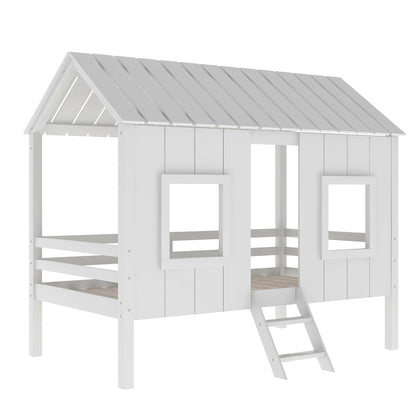 Twin size low loft house bed with roof and 2 front windows white HouseOfZazla platform bed on Tampa Home & Garden Store