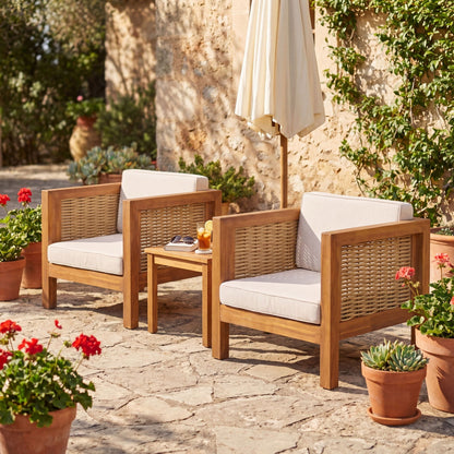 Outdoor club chair set of 2 with wicker armrests and beige cushions on Tampa Home & Garden Store