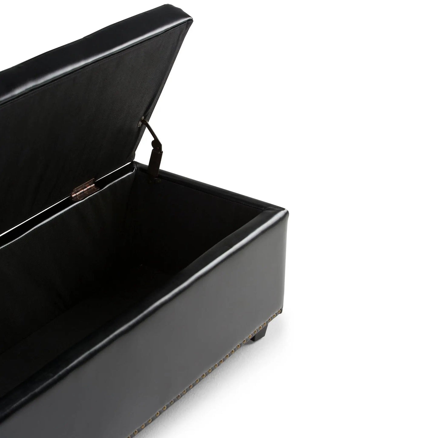 Hamilton Upholstered Storage Ottoman black faux leather with lift lid and studded base on Tampa Home & Garden Store