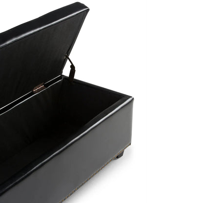 Hamilton Upholstered Storage Ottoman black faux leather with lift lid and studded base on Tampa Home & Garden Store