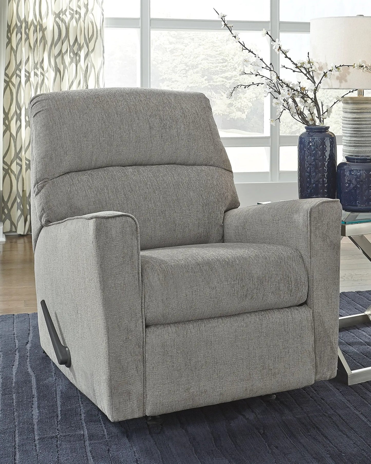Altari Rocker Recliner in gray fabric with plush cushions and rocker base on Tampa Home & Garden Store