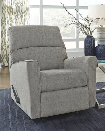 Altari Rocker Recliner in gray fabric with plush cushions and rocker base on Tampa Home & Garden Store