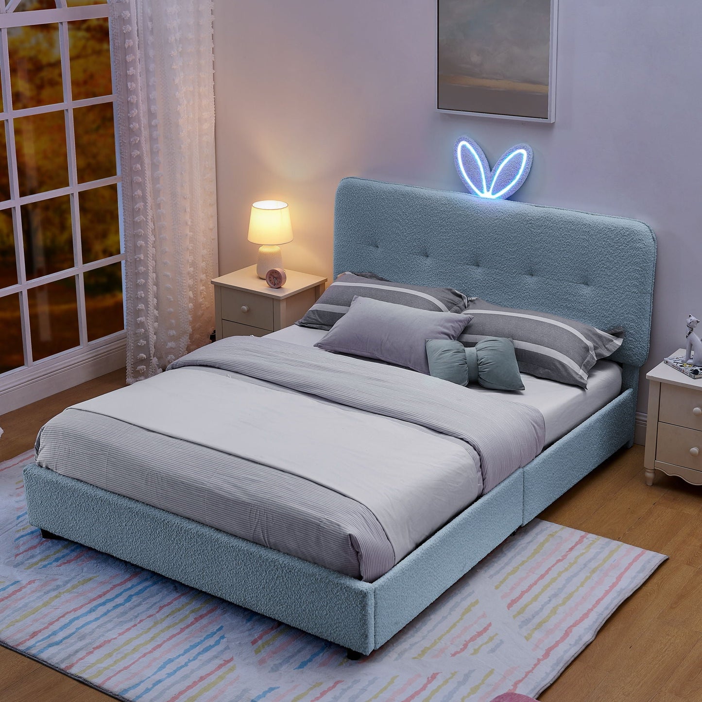 Upholstered Bed with Rabbit Ear and Led Drawers