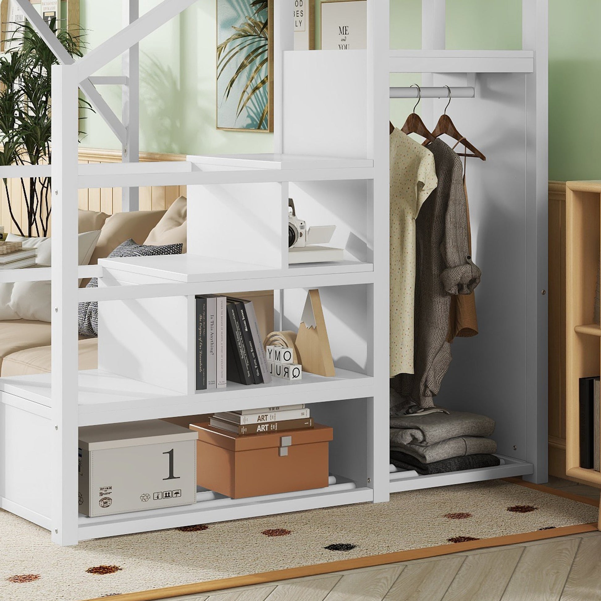 Queen size white metal loft bed with stairs and built-in storage shelves on Tampa Home & Garden Store