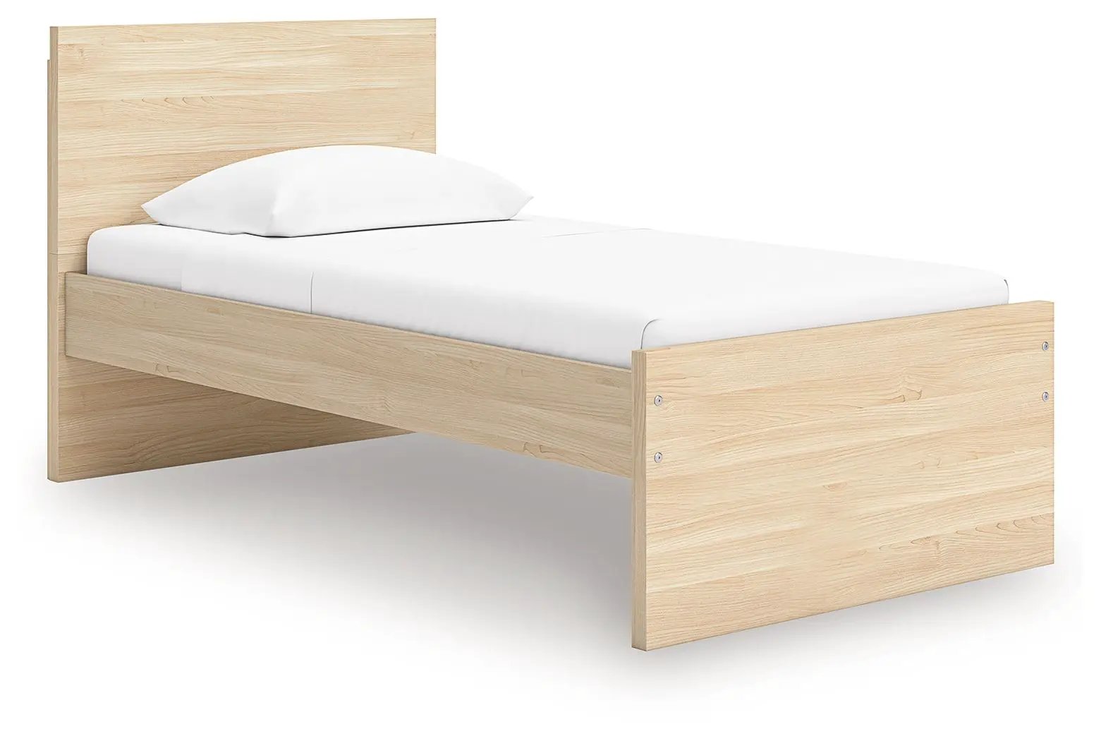 Onita panel platform bed in natural oak with tall headboard and low footboard on Tampa Home & Garden Store