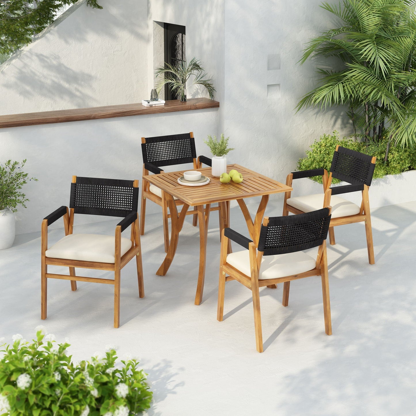 Rustic Patio Acacia Bistro Set with Cushions
