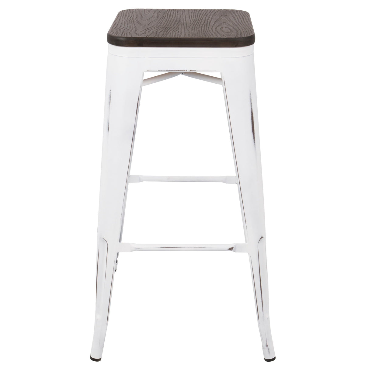 Contemporary barstool set of 2 with stackable design, white legs and dark wood seat on Tampa Home & Garden Store