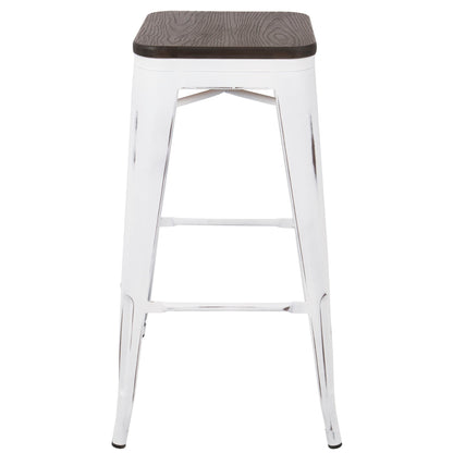 Contemporary barstool set of 2 with stackable design, white legs and dark wood seat on Tampa Home & Garden Store