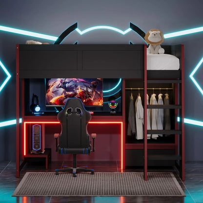 Gaming Loft Bed with Built in Desk and Wardrobe
