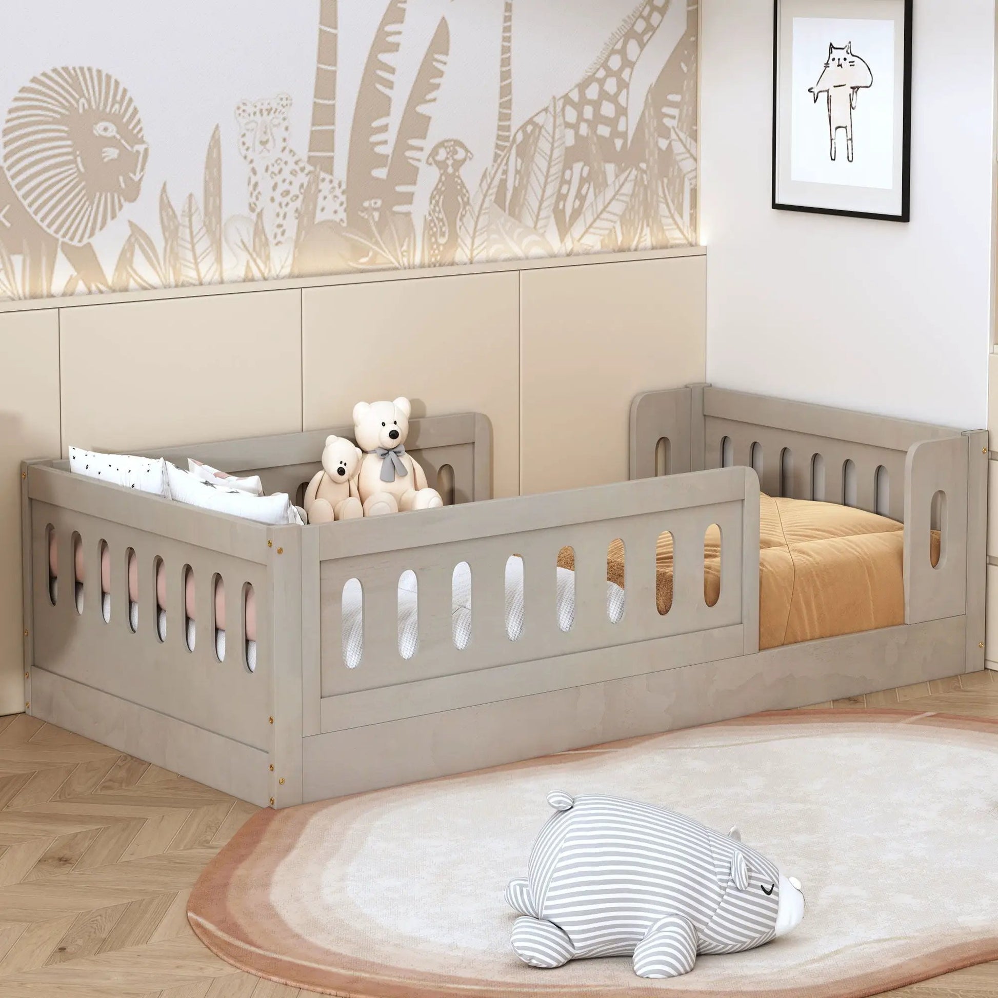 Platform Bed With Guardrail in gray wood with slatted sides for toddlers on Tampa Home & Garden Store