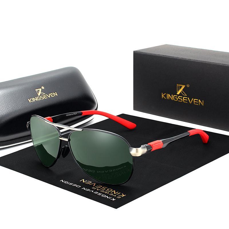 Men's polarized aluminum alloy frame sunglasses green lenses and red temples by Kingseven on Tampa Home & Garden Store