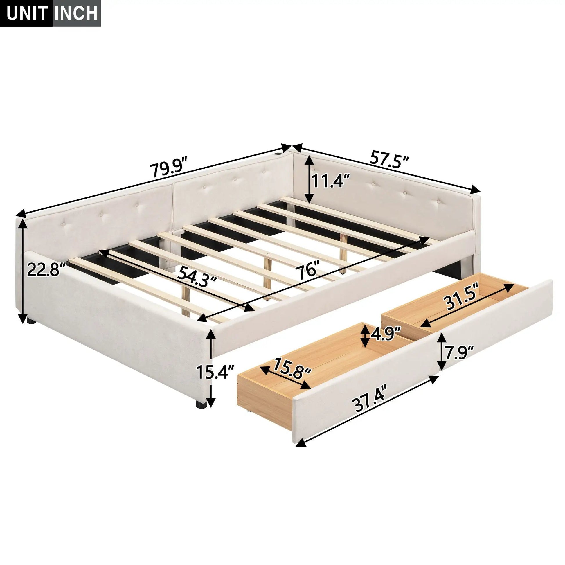 Platform bed with USB ports, light gray tufted headboard, slatted foundation, storage drawer on Tampa Home & Garden Store