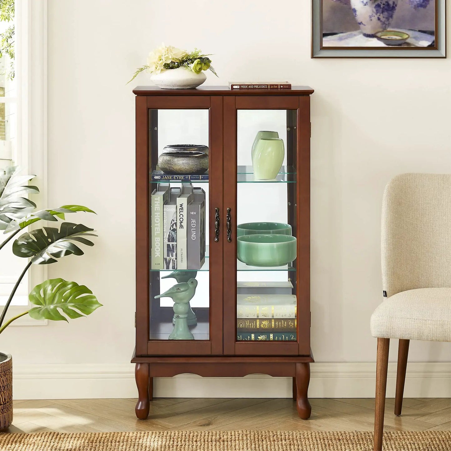 Curio cabinet brown wood with tempered glass doors, 3-tier display, mirrored back on Tampa Home & Garden Store