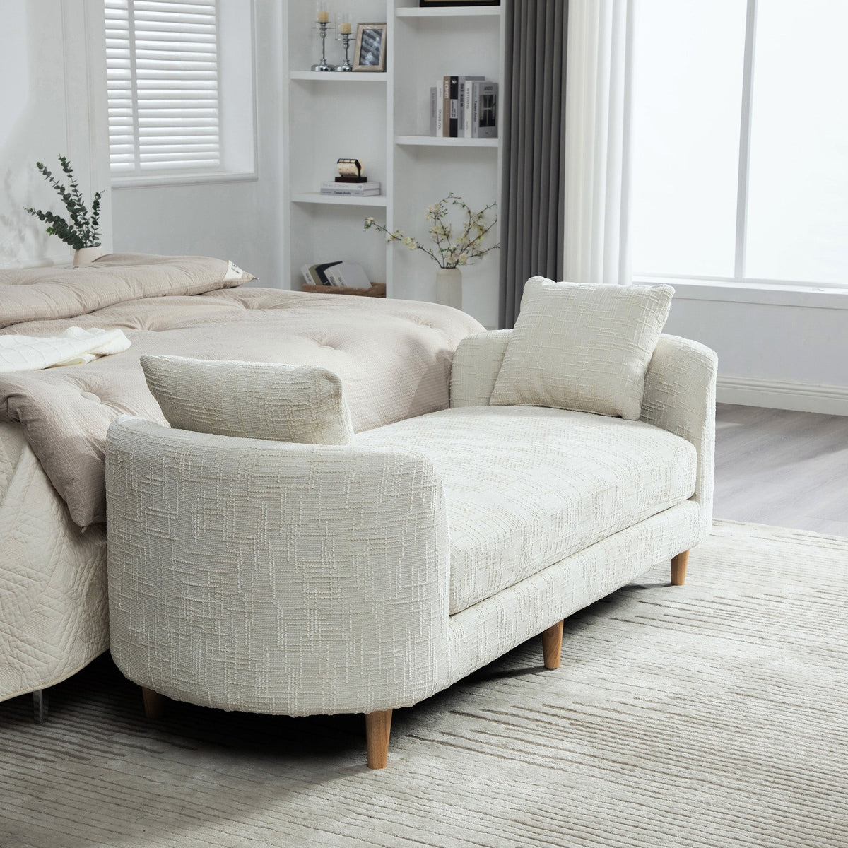 End of bed bench 77.17 wide, beige upholstered fabric with wood legs by HouseOfZazla on Tampa Home & Garden Store