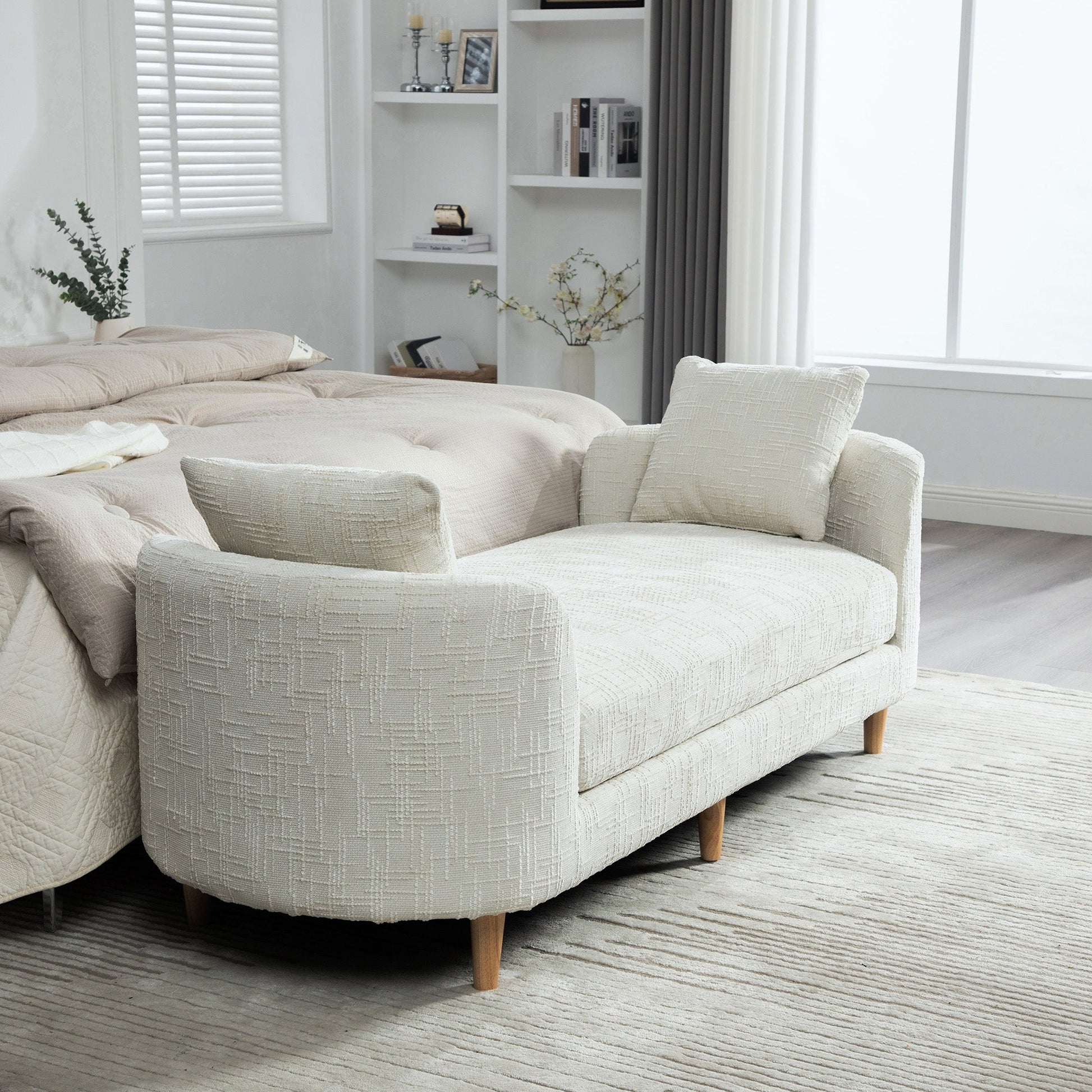 End of bed bench 77.17 wide, beige upholstered fabric with wood legs by HouseOfZazla on Tampa Home & Garden Store